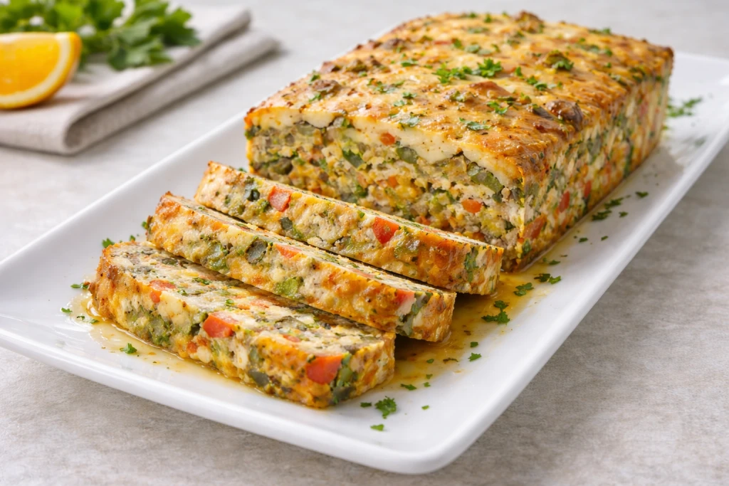 Pastel de verduras al horno, cortado en porciones, con verduras visibles y queso gratinado, servido en plato