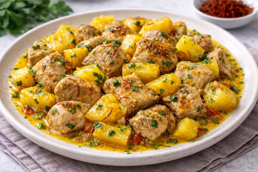 Pavo con pi&ntilde;a y azafr&aacute;n servido en plato blanco, con dados de pavo dorados y pi&ntilde;a natural en salsa ligera de yogur con azafr&aacute;n