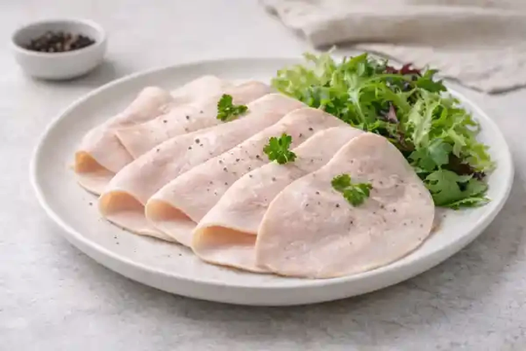 Pechuga de pavo 92% en lonchas finas sobre plato blanco, con ensalada verde y pimienta, fotograf&iacute;a gastron&oacute;mica luminosa.