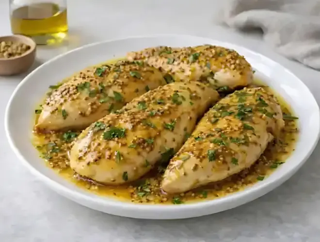 Pechuga de pollo con mostaza y miel al horno, jugosa y dorada, con salsa brillante, cebolla pochada y perejil fresco en plato blanco.