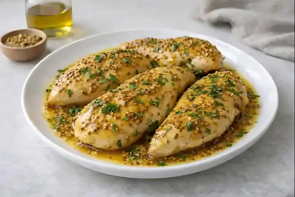 Pechuga de pollo con mostaza y miel al horno, jugosa y dorada, con salsa brillante, cebolla pochada y perejil fresco en plato blanco.