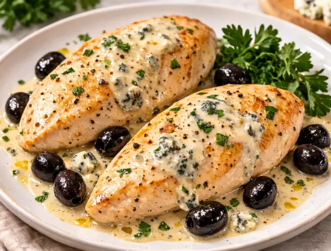 Pechugas de pavo al roquefort con salsa cremosa de queso azul, cebolla pochada y aceitunas negras, terminadas con cebollino.