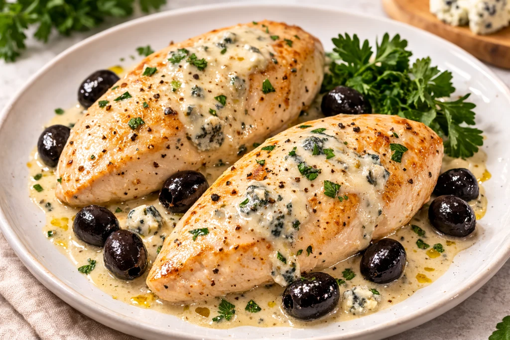 Pechugas de pavo al roquefort con salsa cremosa de queso azul, cebolla pochada y aceitunas negras, terminadas con cebollino.