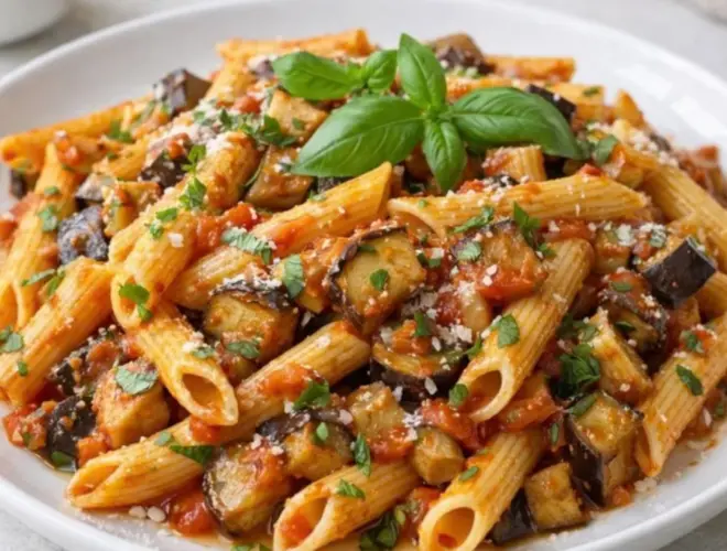 Penne rigatti con berenjena y albahaca en salsa de tomate, con dados de berenjena y hojas de albahaca fresca, servido en plato blanco y luz natural.