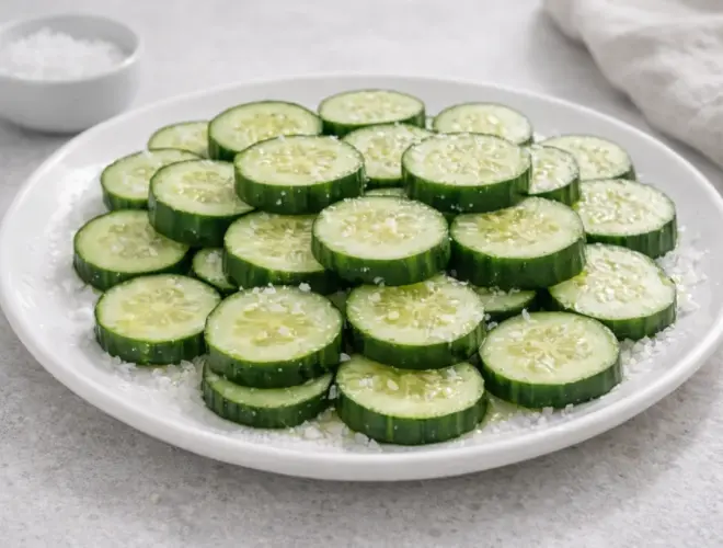 Rodajas de pepino fresco con sal en plato blanco sobre fondo neutro y luz natural