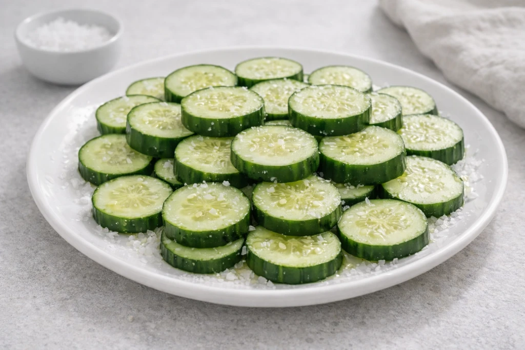 Rodajas de pepino fresco con sal en plato blanco sobre fondo neutro y luz natural