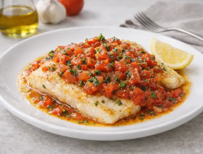 Pescado a la sart&eacute;n con salsa de tomate casero y hierbas, servido en plato blanco con acabado gourmet y luz natural