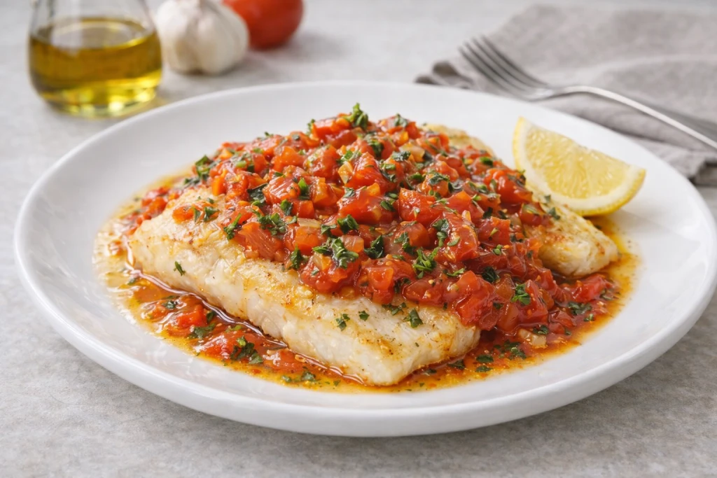 Pescado a la sart&eacute;n con salsa de tomate casero y hierbas, servido en plato blanco con acabado gourmet y luz natural