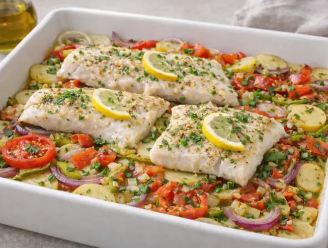 Pescado al horno sobre cama de patata, cebolla, pimiento rojo y verde y tomate, con majadillo de ajo, perejil, lim&oacute;n y aceite de oliva.