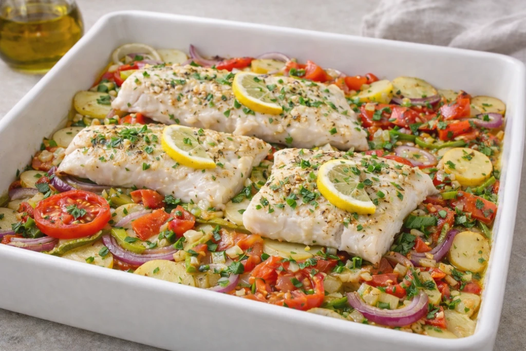 Pescado al horno sobre cama de patata, cebolla, pimiento rojo y verde y tomate, con majadillo de ajo, perejil, lim&oacute;n y aceite de oliva.