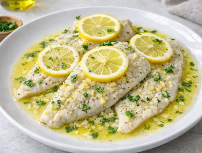 Filetes de pescado blanco al lim&oacute;n con salsa ligera de ajo y perejil, servidos en plato blanco con rodajas de lim&oacute;n.