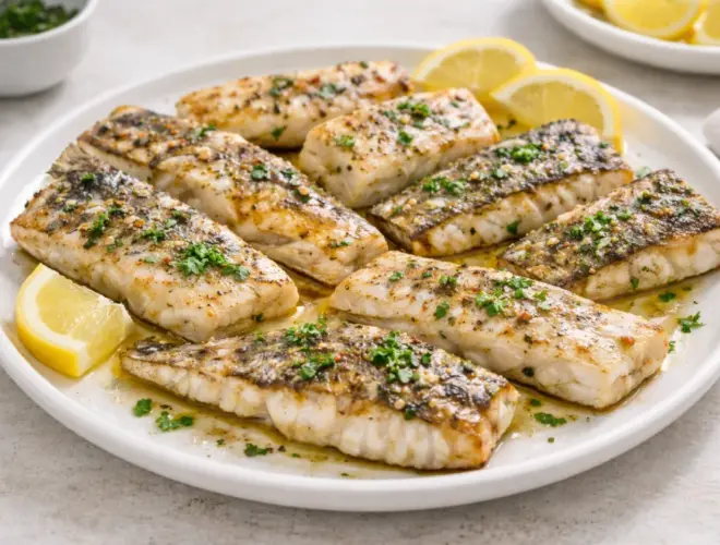 Filetes de pescado blanco a la plancha con limón, ajo, perejil y aceite de oliva sobre plato blanco