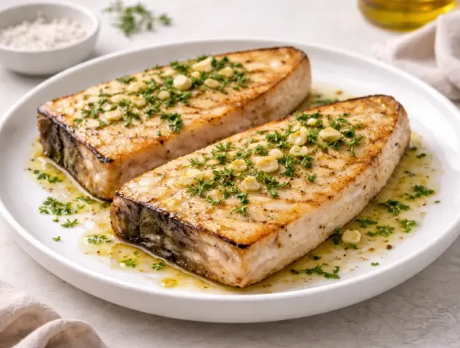 Pez espada a la plancha dorado por fuera y jugoso por dentro, servido en plato blanco con ajo y perejil, fondo neutro, luz natural