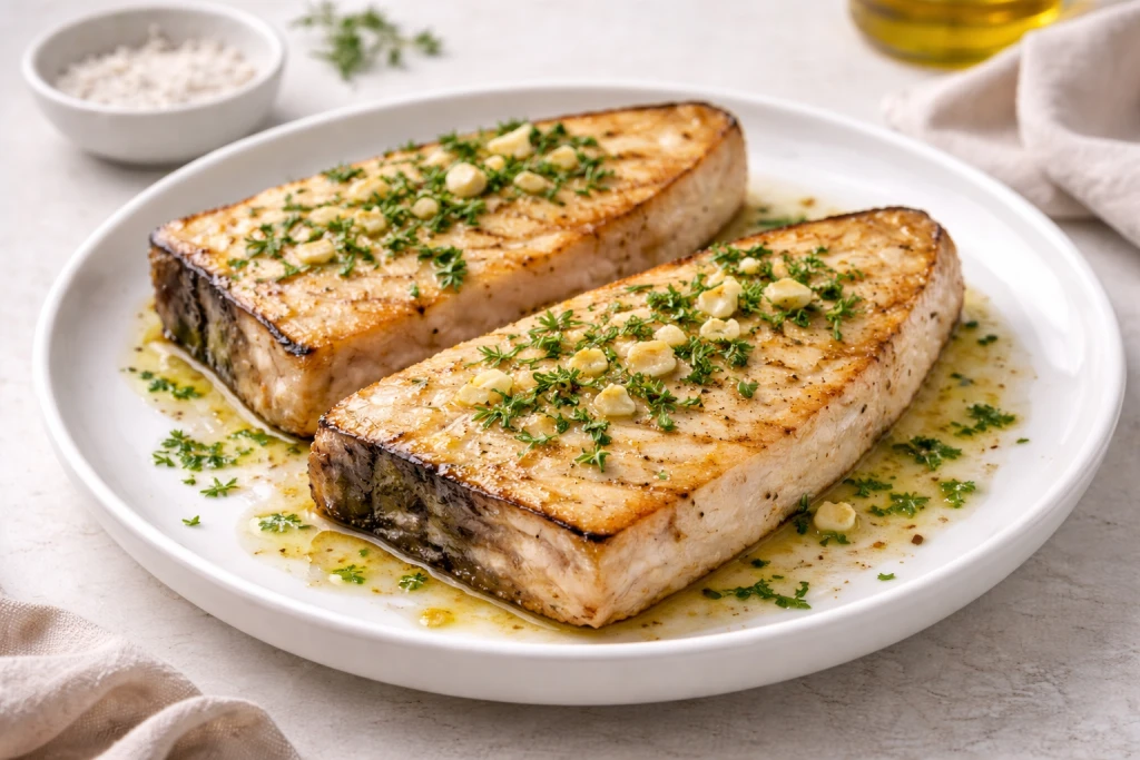 Pez espada a la plancha dorado por fuera y jugoso por dentro, servido en plato blanco con ajo y perejil, fondo neutro, luz natural