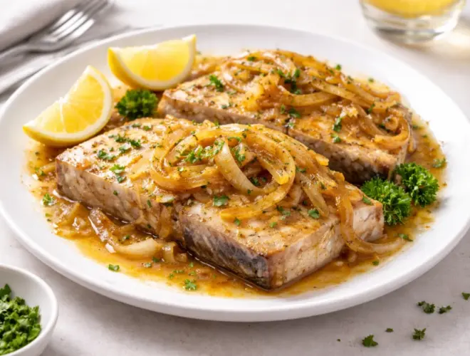 Filete de pez espada encebollado con cebolla en juliana caramelizada, emplatado en plato blanco con luz natural, estilo gourmet y fondo neutro.