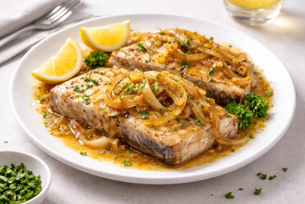 Filete de pez espada encebollado con cebolla en juliana caramelizada, emplatado en plato blanco con luz natural, estilo gourmet y fondo neutro.