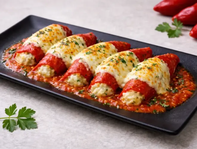 Pimientos del piquillo rellenos de bacalao con bechamel y queso gratinado, servidos sobre salsa de tomate y perejil picado.