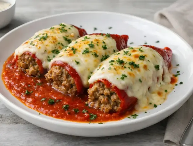 Pimientos del piquillo rellenos de carne con champiñones, cubiertos de bechamel ligera y queso rallado, servidos con salsa de tomate en plato blanco.