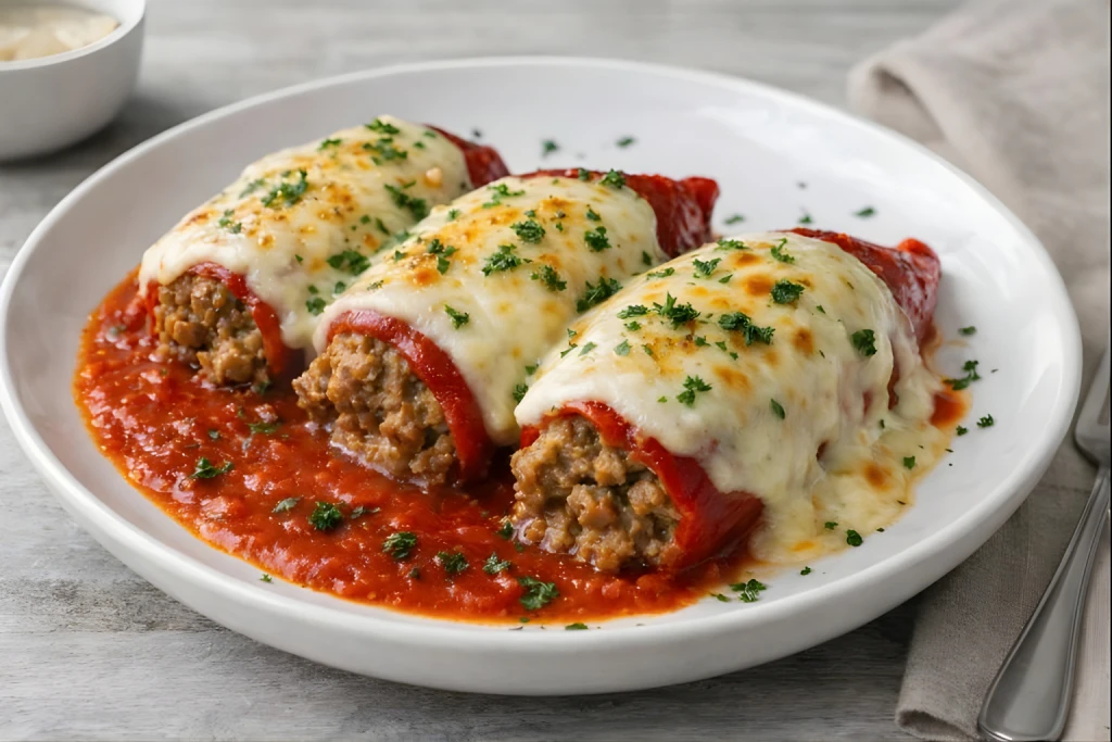 Pimientos del piquillo rellenos de carne con champi&ntilde;ones, cubiertos de bechamel ligera y queso rallado, servidos con salsa de tomate en plato blanco.