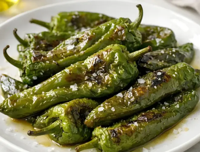 Pimientos verdes al horno dorados y jugosos con aceite de oliva y sal, servidos como guarnici&oacute;n ligera en plato blanco.