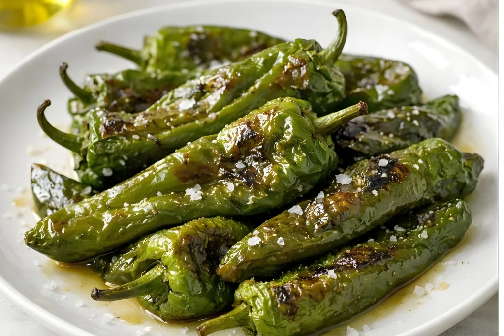 Pimientos verdes al horno dorados y jugosos con aceite de oliva y sal, servidos como guarnici&oacute;n ligera en plato blanco.