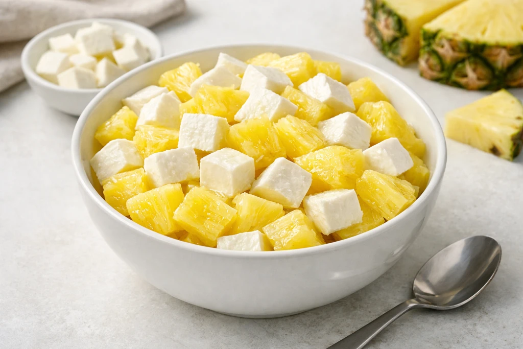 Pi&ntilde;a y queso fresco de Burgos en dados, postre ligero y r&aacute;pido, presentado en bol blanco con luz natural