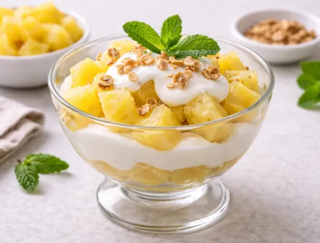 Piña y yogur desnatado en cuenco, con dados de piña fresca y yogur cremoso, fotografía luminosa en fondo neutro