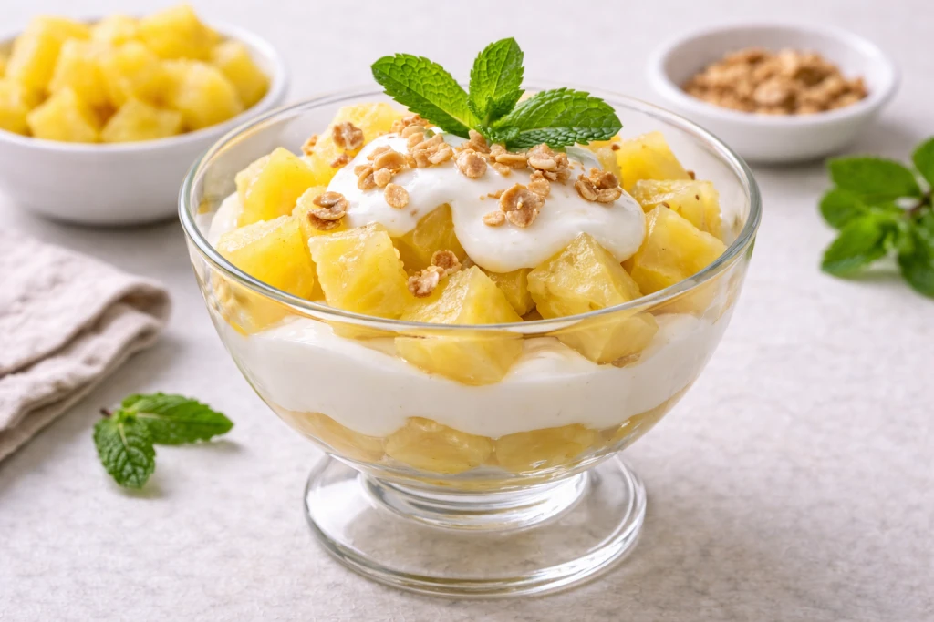 Pi&ntilde;a y yogur desnatado en cuenco, con dados de pi&ntilde;a fresca y yogur cremoso, fotograf&iacute;a luminosa en fondo neutro