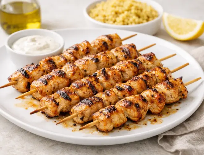 Pinchitos de pollo a la plancha en plato blanco, dorados y jugosos, con luz natural y fondo neutro.