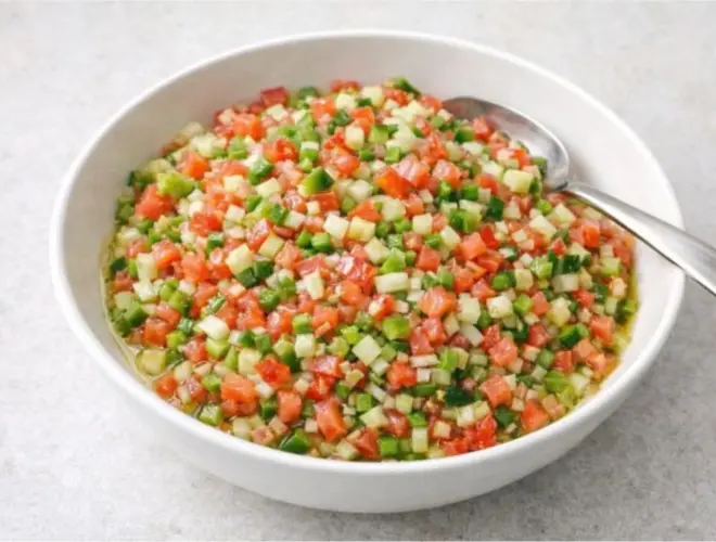 Pipirrana con tomate, pepino, cebolla y pimiento verde en dados muy peque&ntilde;os, ali&ntilde;ada con aceite y vinagre.