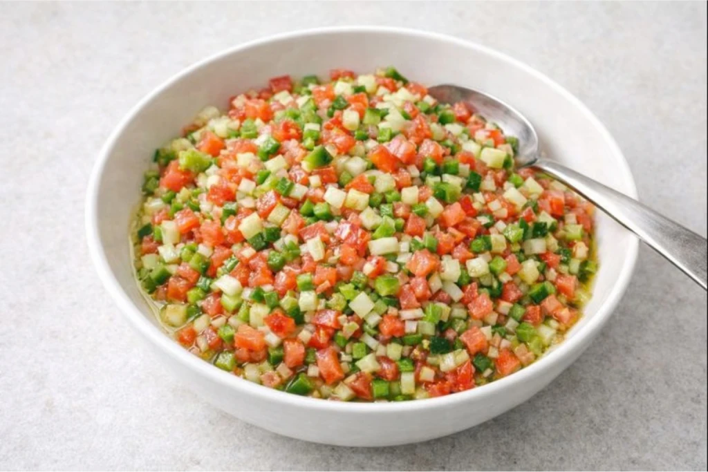 Pipirrana con tomate, pepino, cebolla y pimiento verde en dados muy peque&ntilde;os, ali&ntilde;ada con aceite y vinagre.