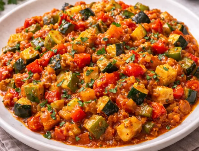 Pisto casero de verduras, jugoso y brillante, servido en plato blanco con acabado gourmet