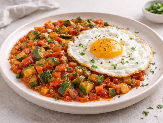 Pisto casero con huevo a la plancha, con verduras en salsa de tomate y huevo con yema brillante, servido en plato blanco con luz natural.
