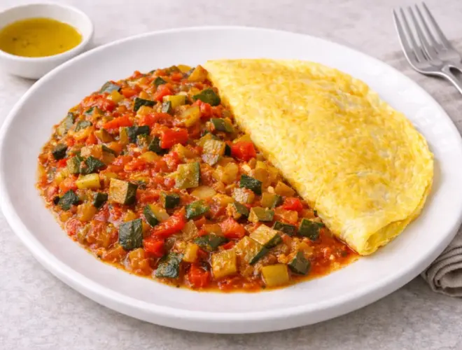 Pisto con tortilla francesa servido en plato blanco: pisto casero caliente y tortilla francesa dorada, fotograf&iacute;a luminosa con fondo neutro.