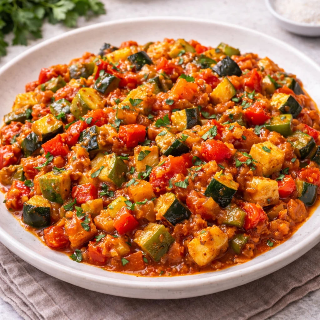 Pisto casero de verduras, jugoso y brillante, servido en plato blanco con acabado gourmet