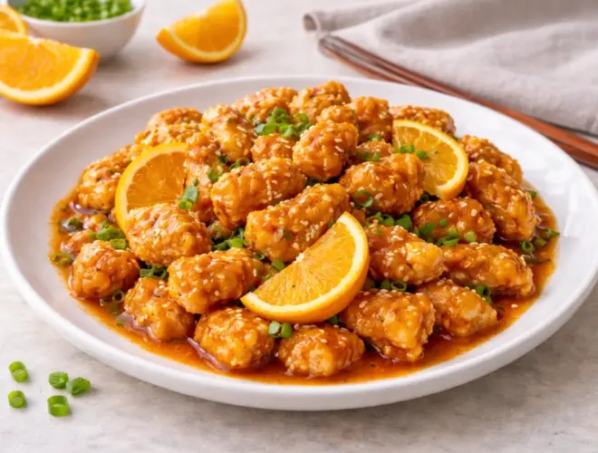 Pollo a la naranja estilo chino con salsa brillante de naranja y soja, servido en plato blanco con luz natural, fondo neutro y atrezzo m&iacute;nimo.