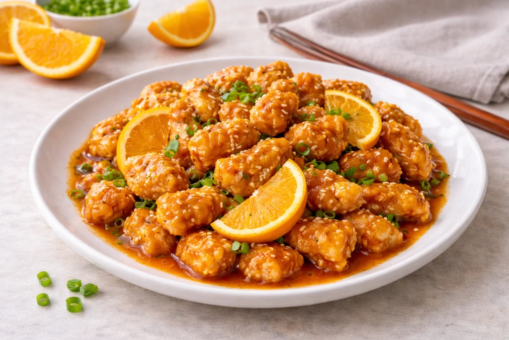 Pollo a la naranja estilo chino con salsa brillante de naranja y soja, servido en plato blanco con luz natural, fondo neutro y atrezzo m&iacute;nimo.