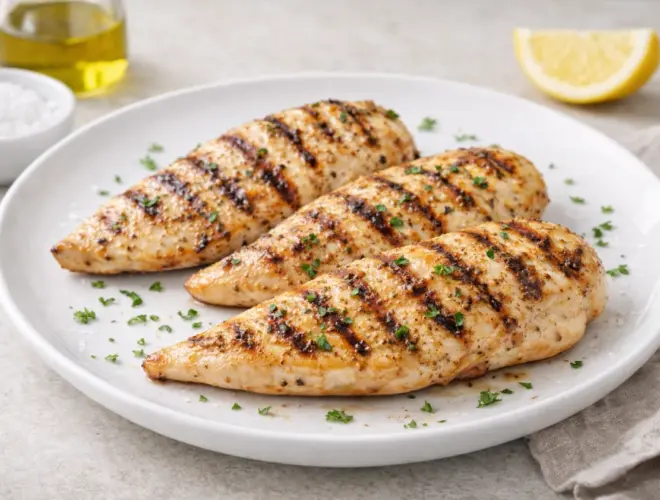 Pechuga de pollo a la plancha dorada con marcas de parrilla, sal y pimienta, servida en plato blanco con luz natural y fondo neutro.