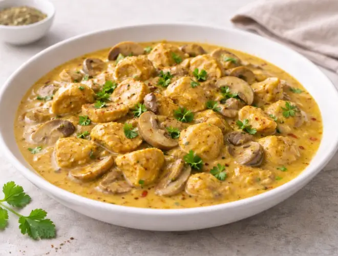 Pollo al curry en salsa cremosa con champi&ntilde;ones laminados y cilantro fresco, presentaci&oacute;n gourmet y muy luminosa