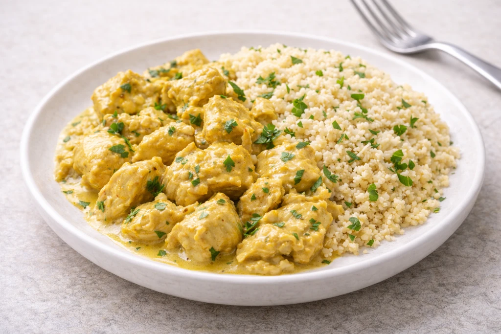 Pollo al curry con cusc&uacute;s servido en plato blanco, con salsa cremosa y cusc&uacute;s suelto, fotograf&iacute;a luminosa estilo gourmet.