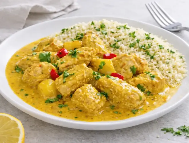 Pollo al curry con salsa de mango servido con cusc&uacute;s cocido en plato blanco, foto luminosa y realista con estilo gourmet