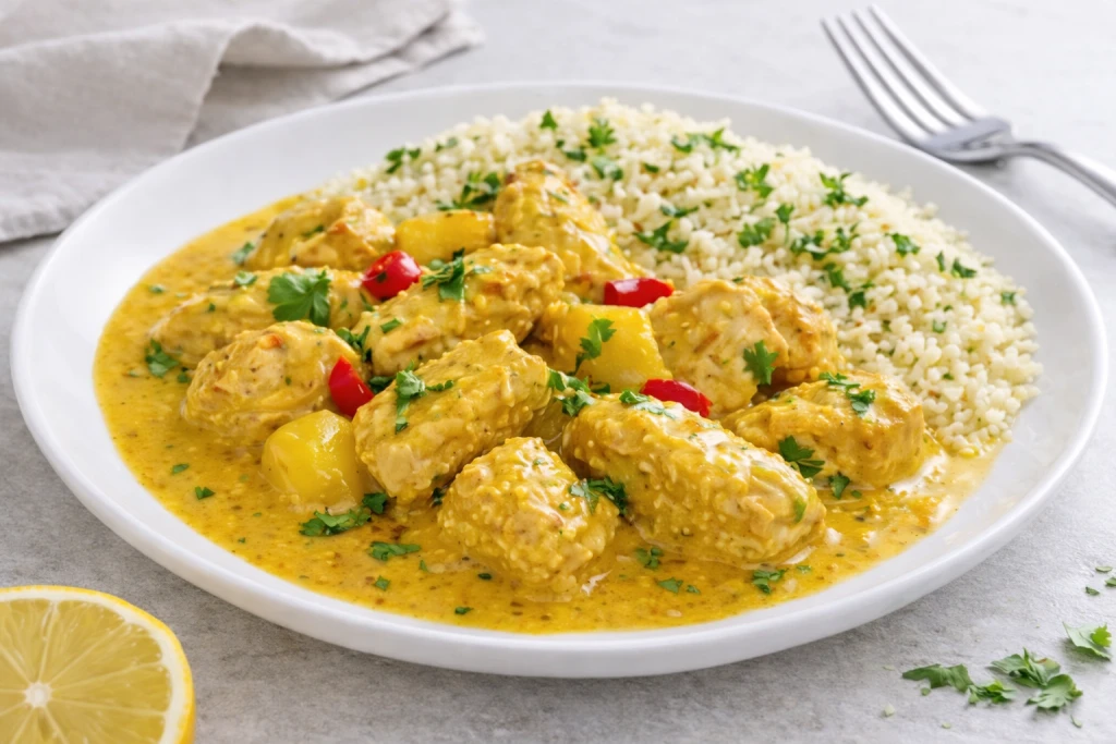 Pollo al curry con salsa de mango servido con cusc&uacute;s cocido en plato blanco, foto luminosa y realista con estilo gourmet