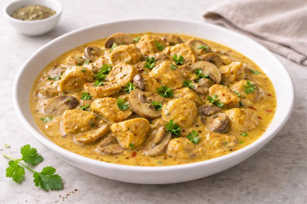 Pollo al curry en salsa cremosa con champi&ntilde;ones laminados y cilantro fresco, presentaci&oacute;n gourmet y muy luminosa