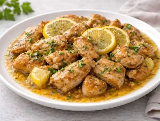 Pollo al lim&oacute;n jugoso en plato blanco con salsa clara de lim&oacute;n y ajo y perejil picado, sobre fondo neutro y muy luminoso