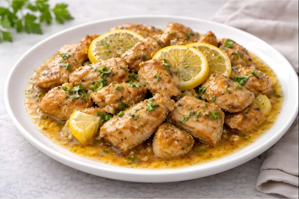 Pollo al lim&oacute;n jugoso en plato blanco con salsa clara de lim&oacute;n y ajo y perejil picado, sobre fondo neutro y muy luminoso