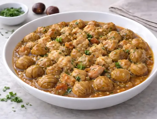 Pollo con casta&ntilde;as guisado, con salsa espesa y brillante, servido caliente en fuente blanca con luz natural y acabado gourmet.