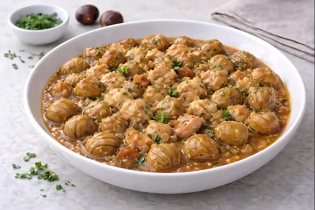 Pollo con casta&ntilde;as guisado, con salsa espesa y brillante, servido caliente en fuente blanca con luz natural y acabado gourmet.