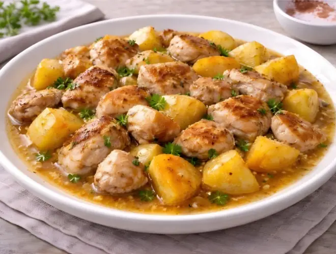Pollo con manzana y patata al horno servido en plato blanco, con jugos dorados, trozos de pollo dorado, manzana y patata asadas, en estilo de fotograf&iacute;a gastron&oacute;mica luminosa.