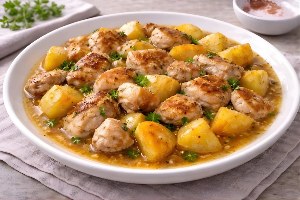 Pollo con manzana y patata al horno servido en plato blanco, con jugos dorados, trozos de pollo dorado, manzana y patata asadas, en estilo de fotograf&iacute;a gastron&oacute;mica luminosa.