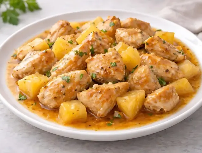 Pollo con pi&ntilde;a en plato blanco con trozos de pollo dorados y dados de pi&ntilde;a en salsa agridulce, fondo neutro y luz natural luminosa